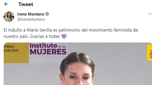 El tuit de la ministra en mayo de 2022 para defender a María Sevilla