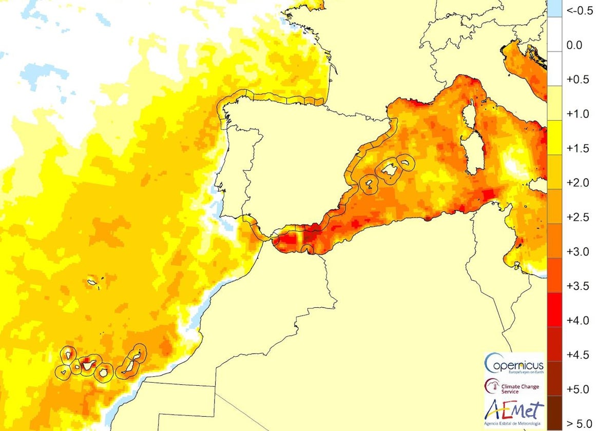 Variación de las temperaturas del mar respecto a la media de los últimos 10 años