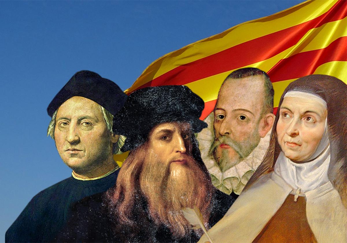 Colón, Da Vinci, Cervantes y Santa Teresa, sobre una 'senyera'