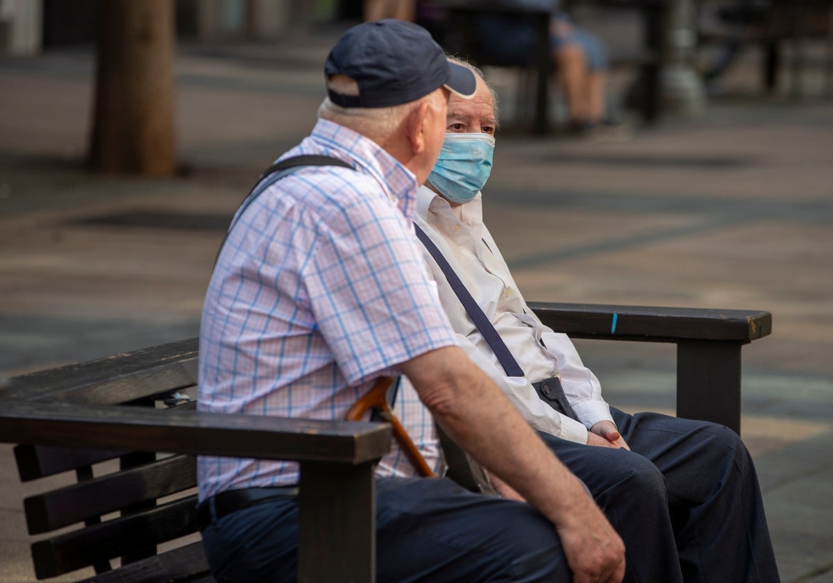 Dos hombres, uno protegido con mascarilla, charlan sentados en un banco este miércoles en Vitoria. La venta de test de antígenos para la detección del Covid-19 se duplicó en julio respecto al mes anterior, sobre todo en Navarra y el País Vasco