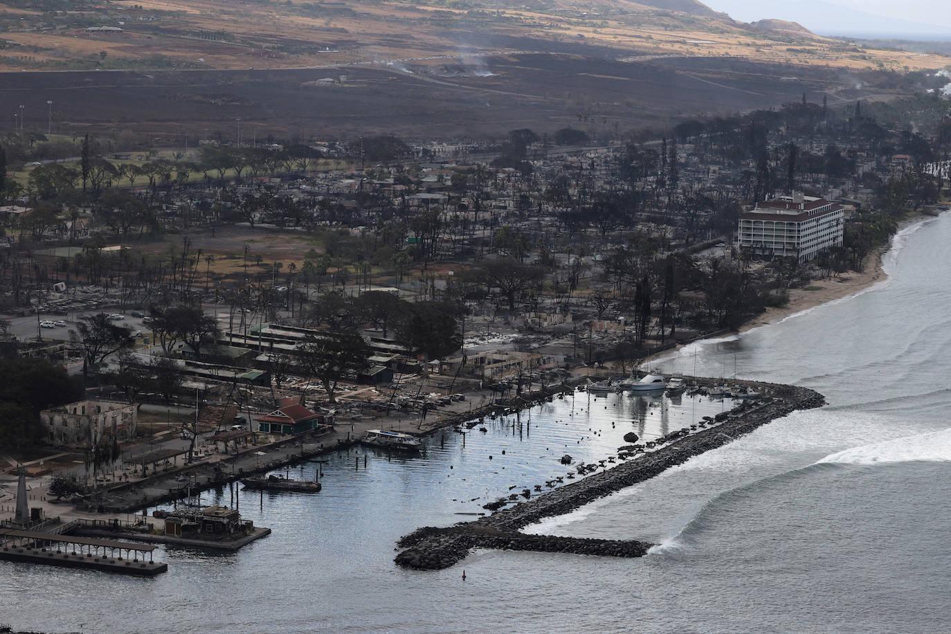 Vista aérea de un muelle, la ciudad de Lahaina y el campo alrededor calcinados