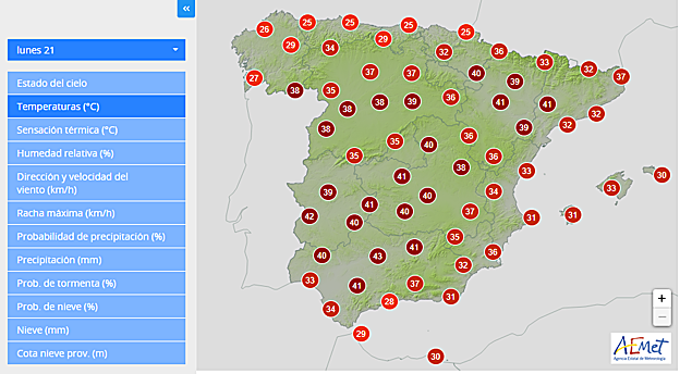 Previsión de la Aemet para la tarde del lunes 21 de agosto