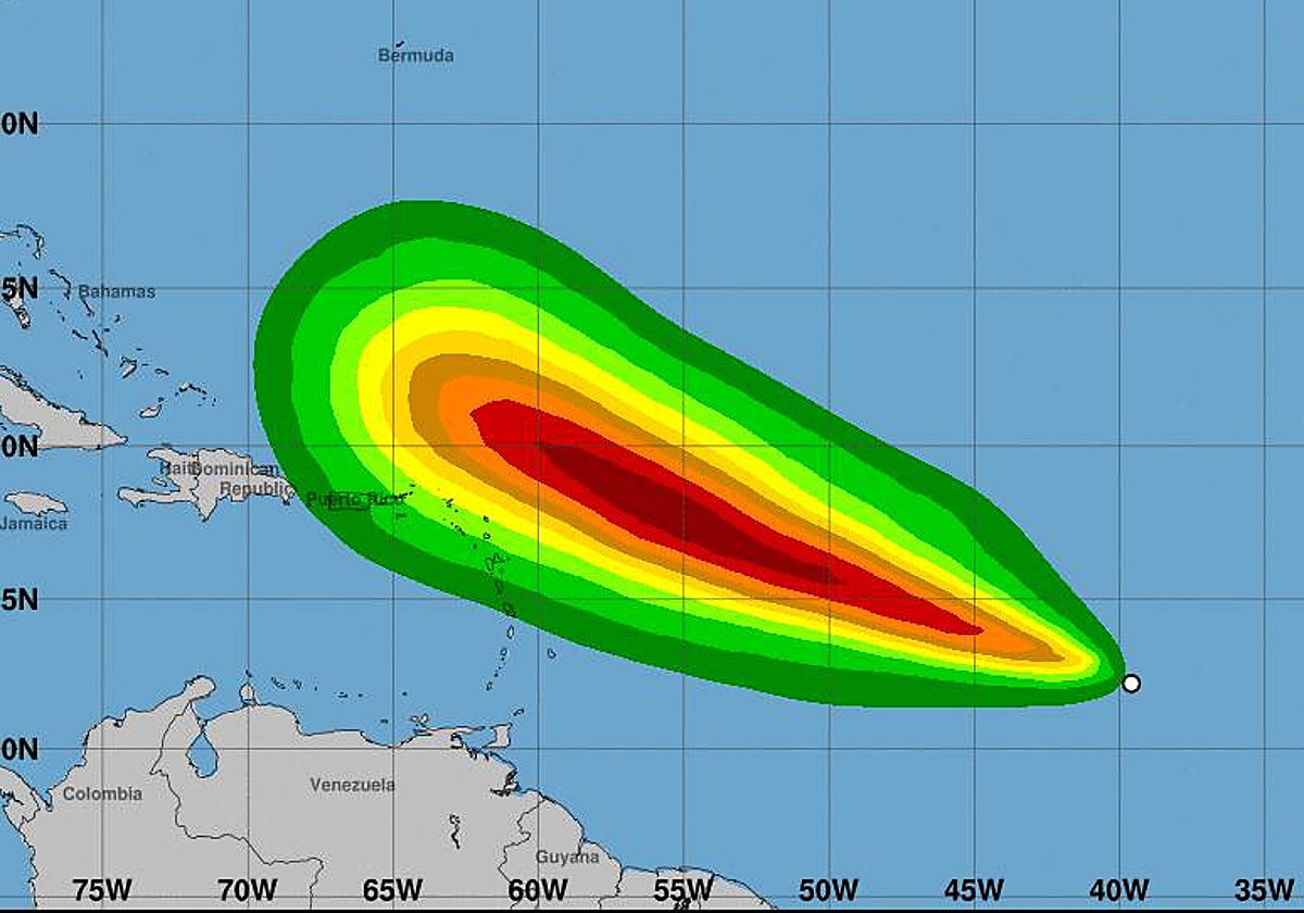 Mapa con la fuerza del viento que trae consigo el huracán Lee en el Caribe