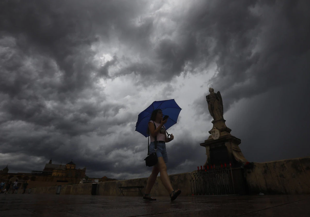 Una mujer se protege de la lluvia en Córdoba