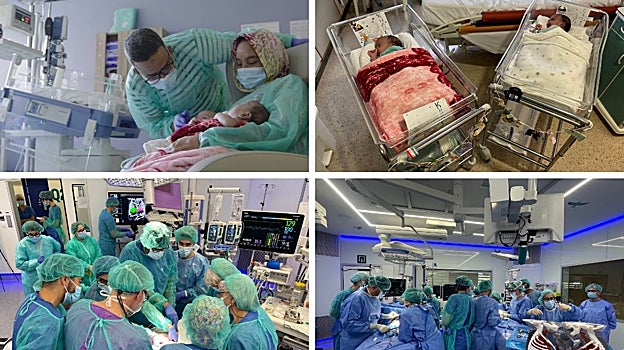 En la parte superior, imágenes de las pequeñas en la UCI neonatal del hospital junto a su madre y su tío y abajo dos momentos de la cirugía que duró cinco horas y contó con la participación de una veintena de profesionales