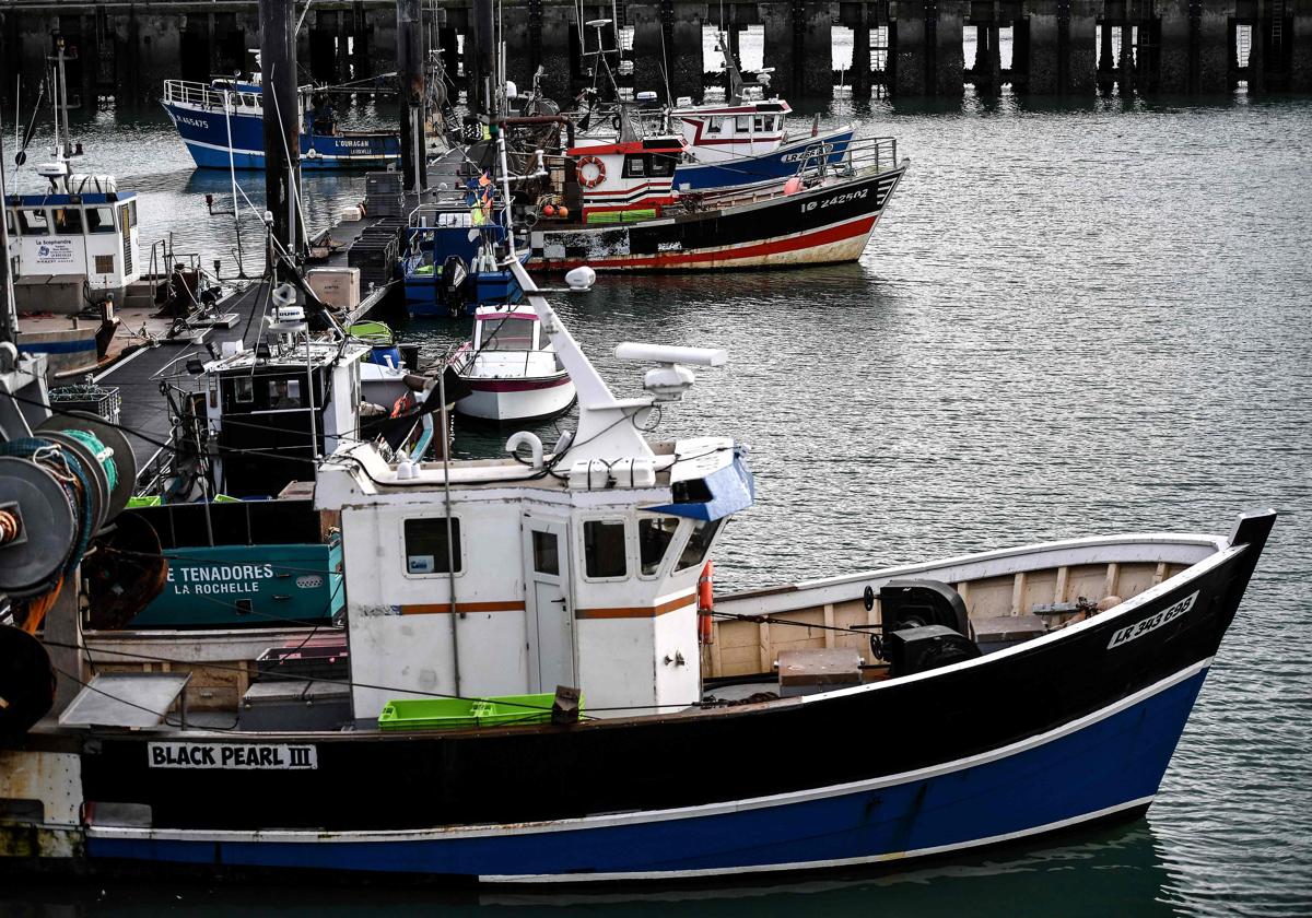 Barcos pesqueros amarrados en pontones en el puerto de La Rochelle (Francia)