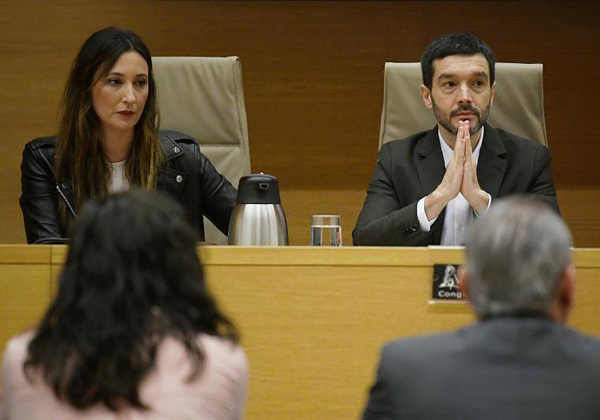 La secretaria primera de la comisión, María de las Nieves Ramírez Moreno y el ministro de Derechos Sociales, Consumo y Agenda 2030, Pablo Bustinduy, durante la Comisión de Derechos Sociales y Consumo, en el Congreso