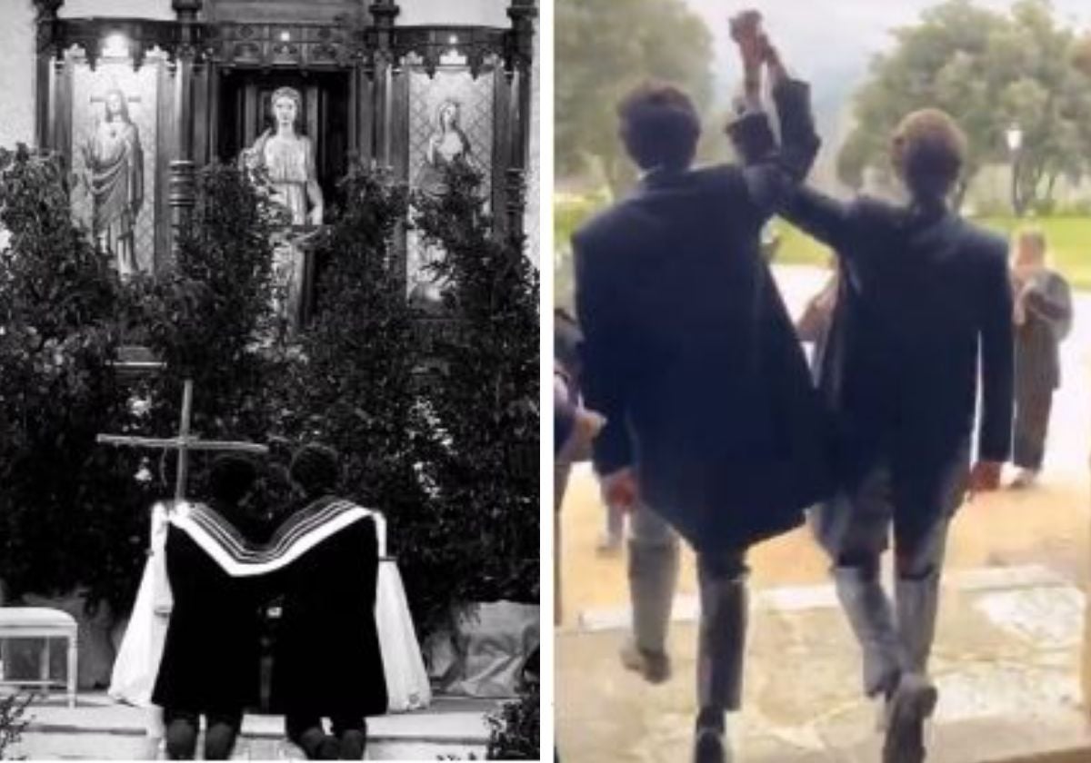 Dos momentos de la celebración difundida por redes sociales, los novios arrodillados ante el altar y saliendo del templo tras la ceremonia