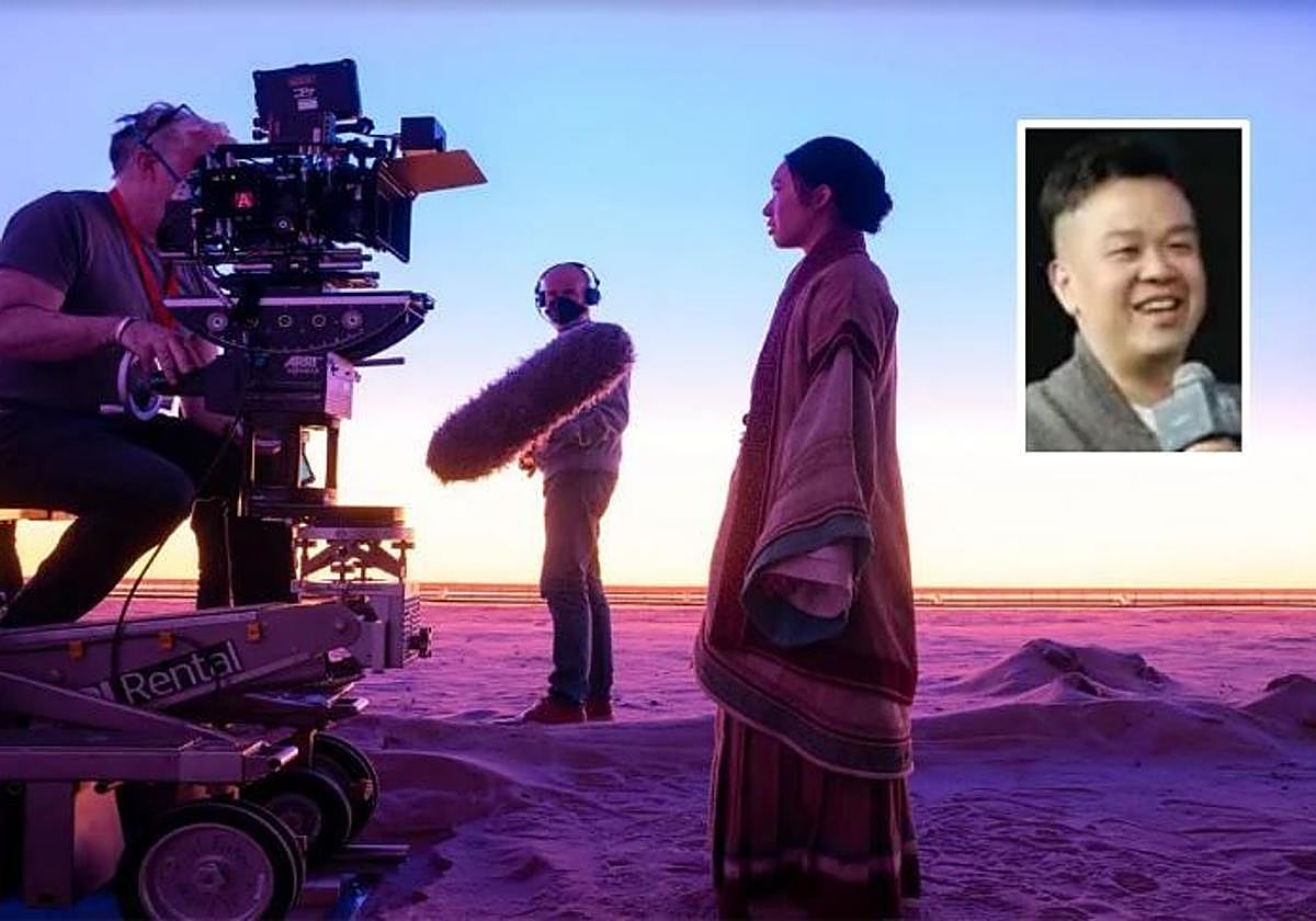 Un momento del rodaje de 'El problema de los tres cuerpos'. En el recuadro, Lin Qi