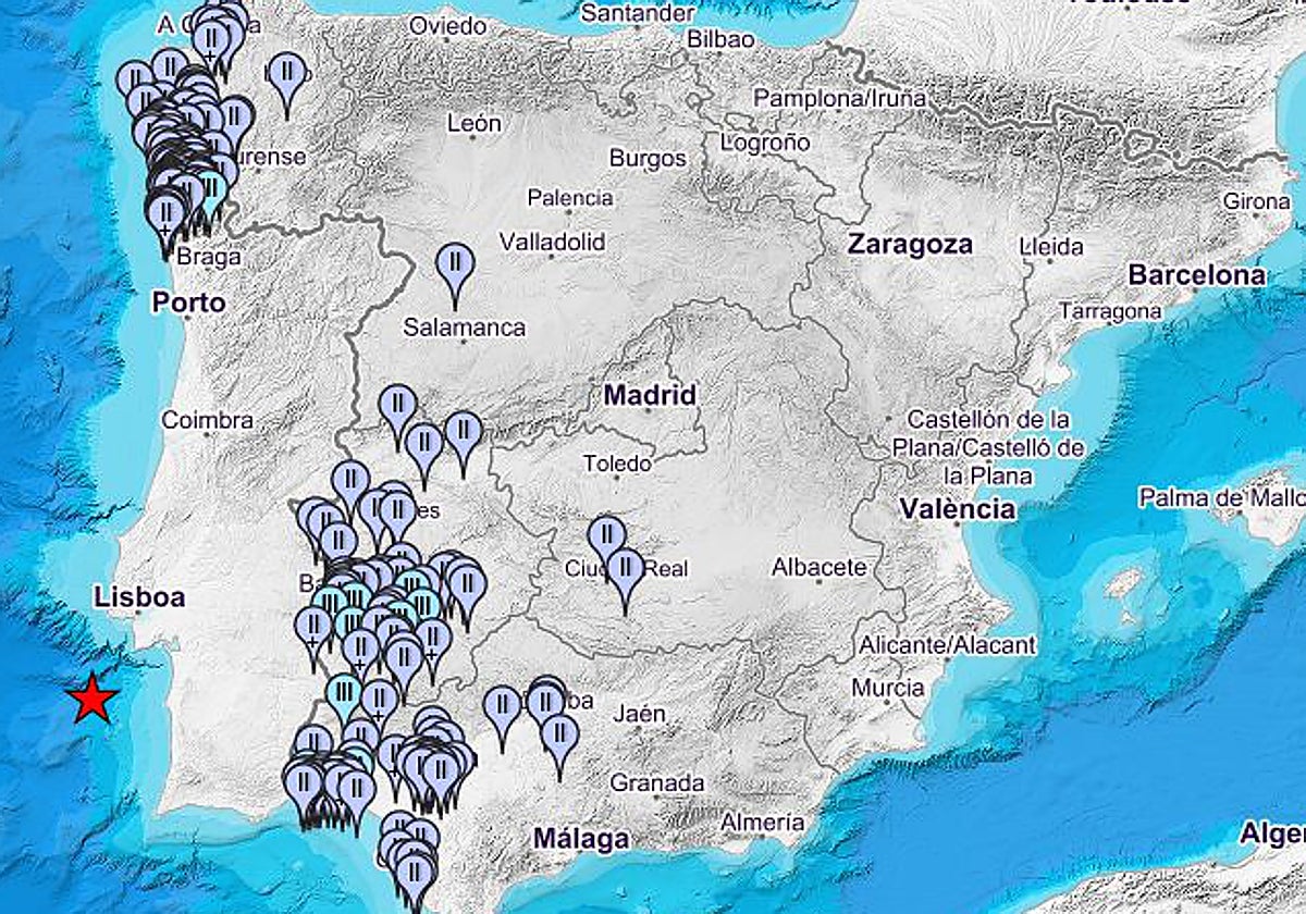 Imagen de los puntos donde se ha percibido el terremoto de magnitud 5,5 de Portugal