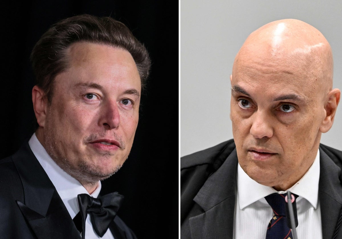 A la izquierda, el empresario y dueño de X, Elon Musk, y a la derecha, el juez brasileño, Alexander de Moraes