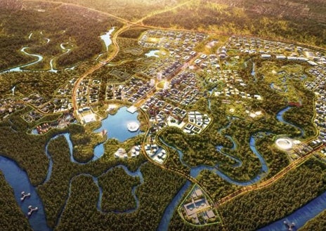 Imagen secundaria 1 - Las imágenes de la nueva ciudad que acogerá al Gobierno indonesio en los próximos meses. Por arriba el nuevo palacio gubernamental y una vista de la ciudad tal como fue proyectada por el estudio Urban+ ganador del concurso internaciona. En la tercera foto, debido al hundimiento, las inundaciones son cada vez más frecuentes en Yakarta.