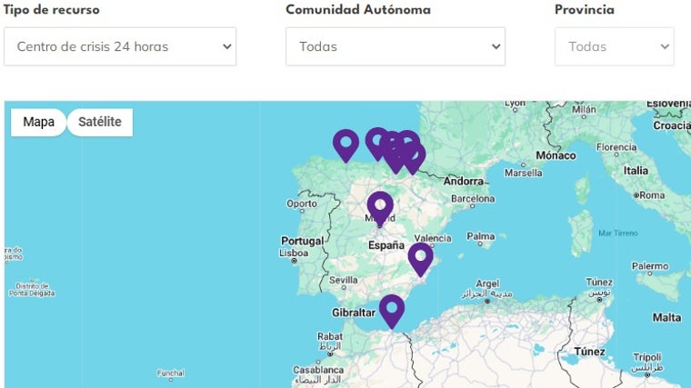 El mapa muestra los pocos centros de crisis 24 horas abiertos en la actualidad