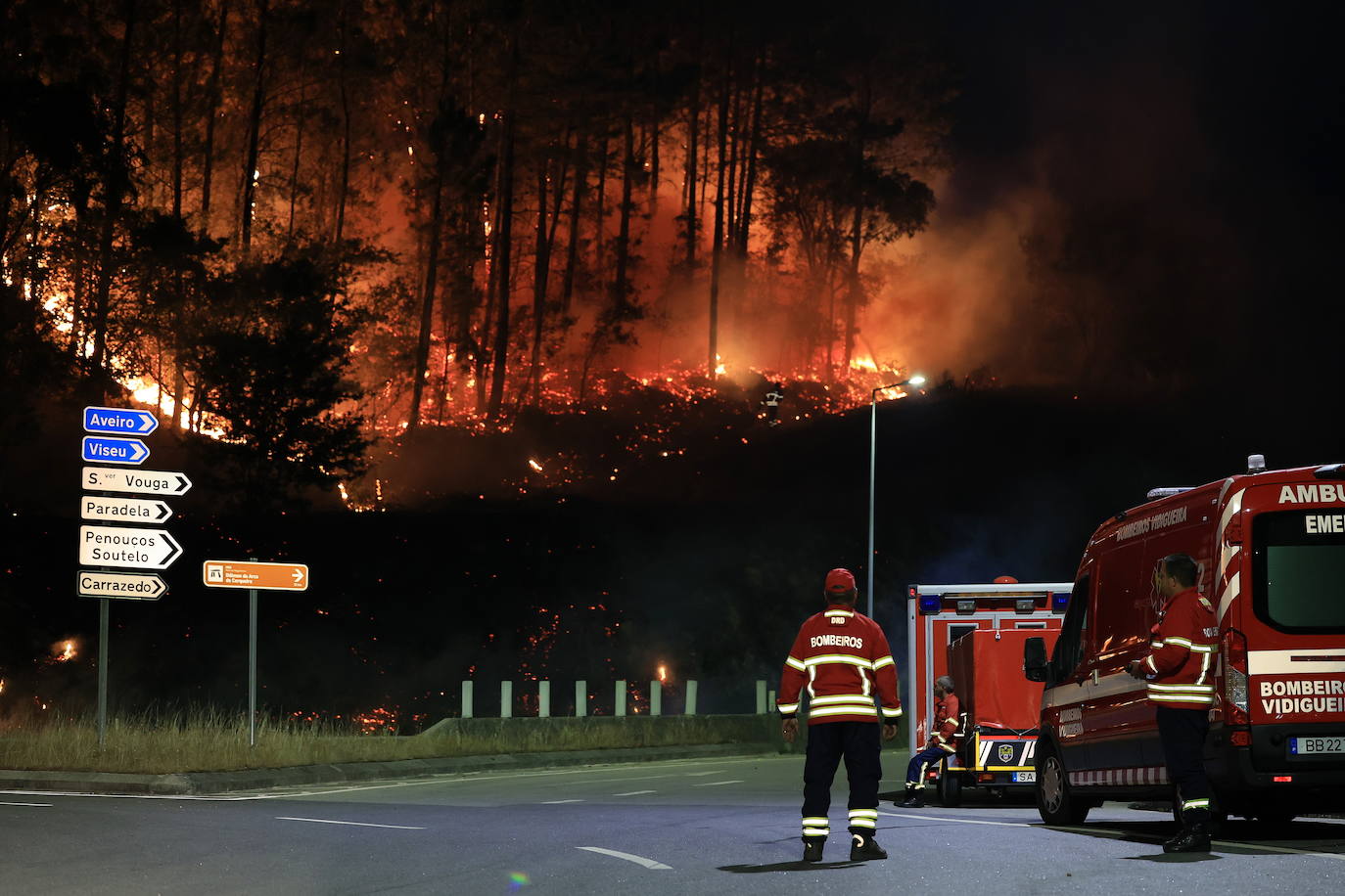 Los servicios de emergencia frente al incendio forestal de Sever do Vouga, Portugal