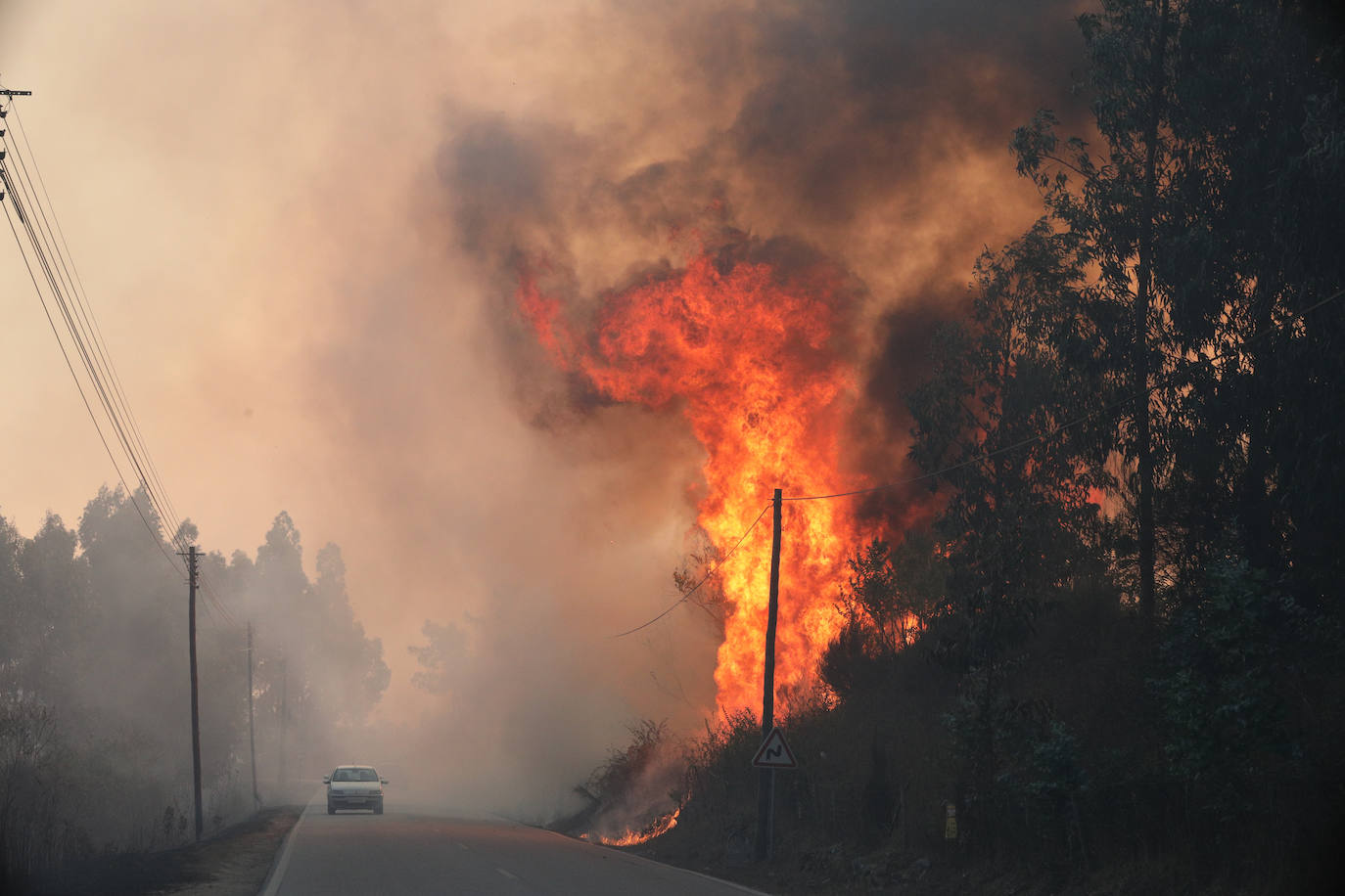 Las llamas junto a la carretera nacional EN-16 entre Freixiosa y Mangualde, Portugal
