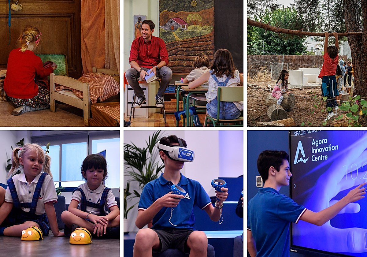 Arriba, varias imágenes del colegio Waldorf. Abajo, el centro Agora Portals
