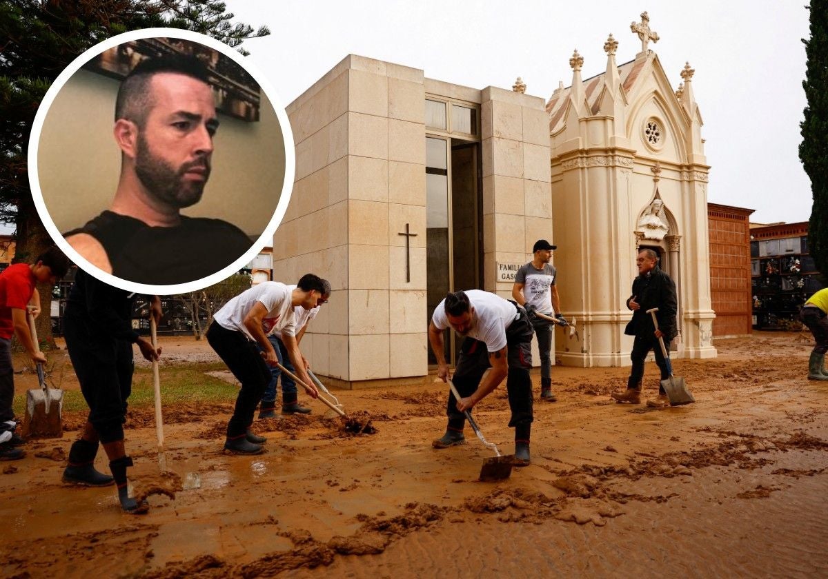 Vecinos realizan tareas de limpieza en Alfafar. En la esquina superior, Iván García