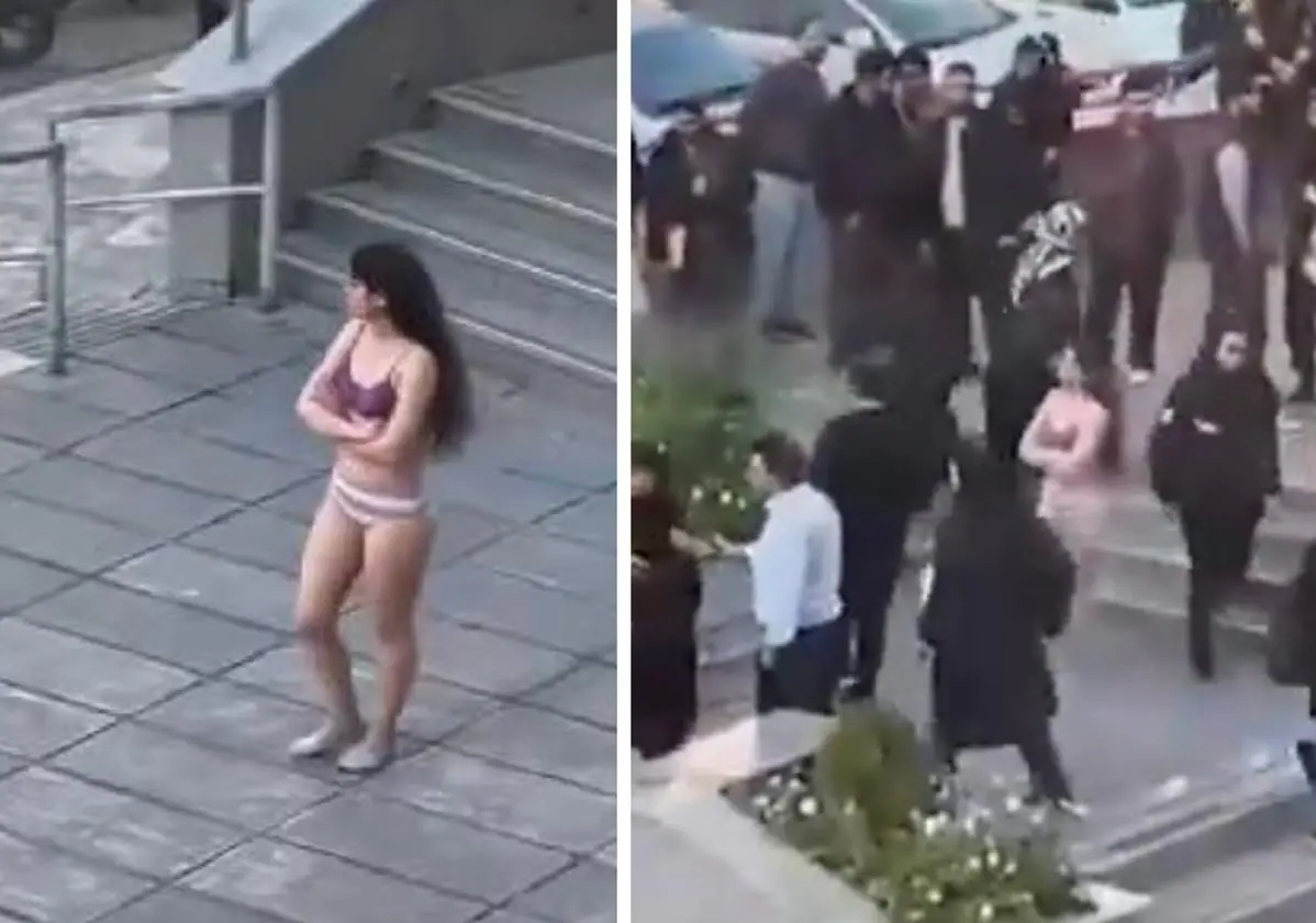 Una estudiante iraní paseandose en ropa interior frente a la Universidad Islámica Azad en Teherán