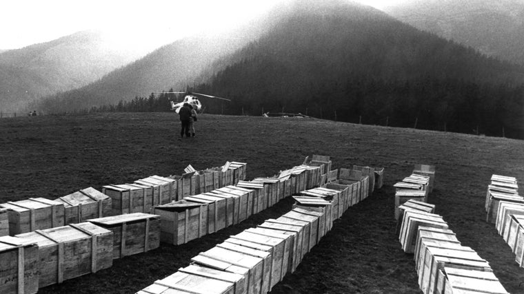 Cajas de madera donde se transportaron los restos mortales del accidente. Al fondo, el Monte Oiz