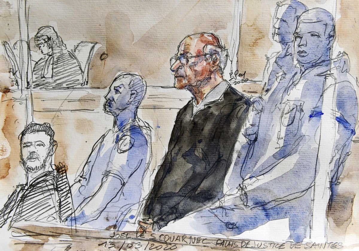 Boceto de 2020 que representa a Joel Le Scouarnec en un juicio