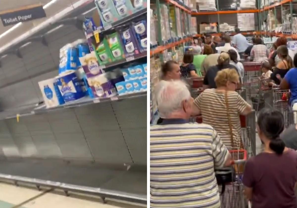 Estanterías de supermercados vacíos y largas colas para comprar primeras necesidades en Australia ante la llegada del ciclón Alfred