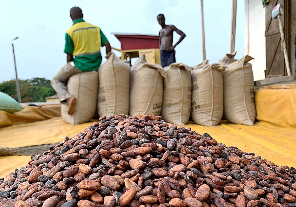 Granos de cacao junto a un almacén en Ghana