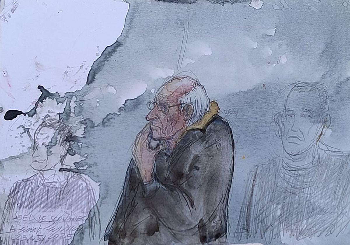 Boceto del ex cirujano jubilado francés Joel Le Scouarnec durante el juicio