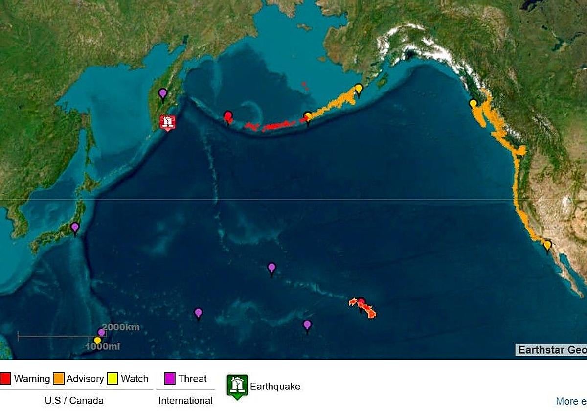 Imagen cedida por el Servicio Meteorológico Nacional (NOAA) de los Estados Unidos y su Sistema de Alerta de Tsunamis que muestra el punto origen del terremoto de magnitud 8,8