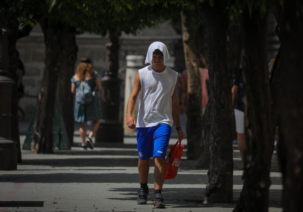 Un joven pasea por el centro de Sevilla en la ola de calor de agosto