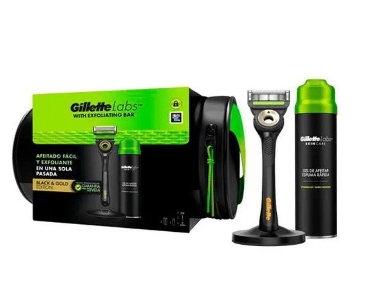 Neceser de Gillete Labs con barra exfoliante (29,95 €). Esta máquina de afeitar es la primera con una barra exfoliante incorporada para combinar el afeitado y la exfoliación en una sola pasada y sin esfuerzo. Su elegante mango de metal premium tiene garantía de por vida, lo que probablemente la convierte en la última afeitadora que los hombres tendrán que comprar. Además, cuenta con un gel de afeitar con espuma rápida que refresca y calma la piel, protegiéndola durante el afeitado.