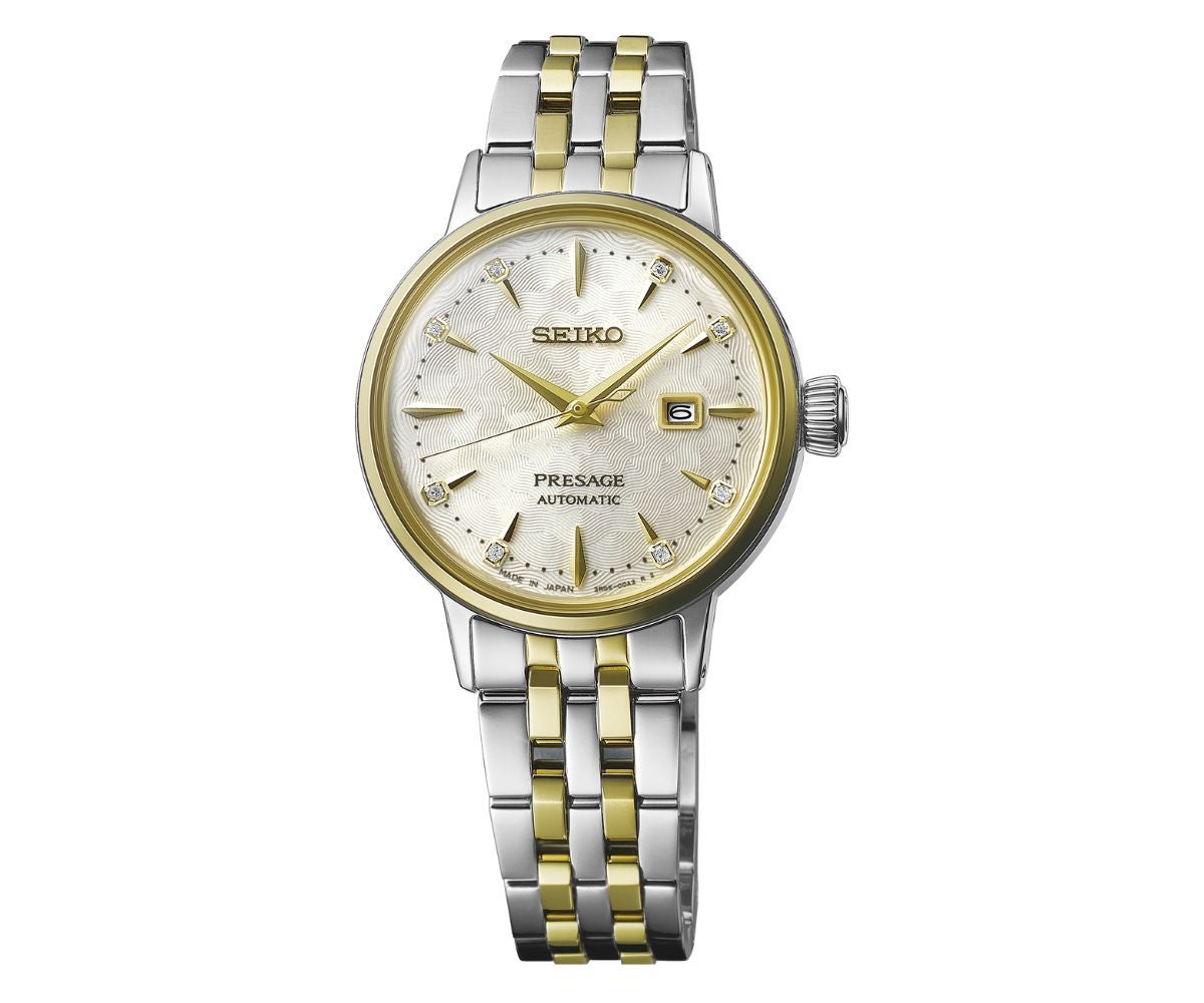 Seiko Presage Cocktail Time SRE010 (600 €). Se inspira en el cocktail White Lady e incorpora el color dorado en la esfera, los índices, las manecillas y el brazalete. Tamaño de caja de 30 mm, ideal para mujer. Esfera con diamantes y resistencia al agua de 5 bares.