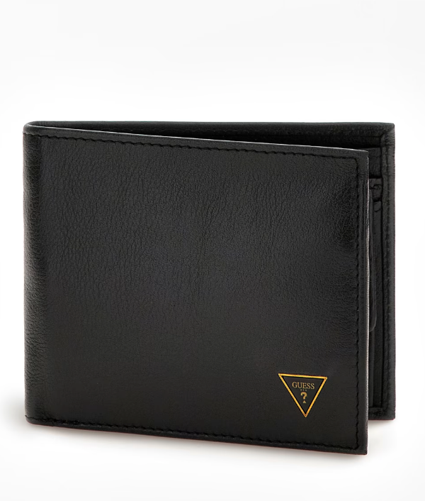 Para los amantes de los clásicos, cartera negra de piel con espacio para tarjetero y monedero interno con botón. De Guess. Precio: 70 euros.