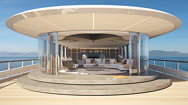 Imagen de uno de los comedores exteriores del yate Horus