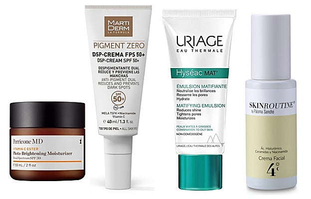 De izquierda a derecha: Photo-Brightening Moisturizer de Perricone MD (77,25 € en Perriconemd.es): crema hidratante con ácido alfa lipoico en su fórmula, de efecto antioxidante y seborregulador; Pigment Zero DSP-Crema FPS 50+ de Martiderm (35,90 €): crema facial con activos despigmentantes que tratan las manchas, y filtros solares que previenen la formación de nuevas manchas; Hyséac Mat (15,90 €): emulsión hidratante con extracto de regaliz que reduce la grasa, agua termal y glicerina, para hidratar y efecto matificante; Crema Facial de SkinRoutine by Paloma Sancho (33,35 €): fórmula fluida para todo tipo de pieles con ácido hialurónico, ceramidas y niacinamida. Combate todos los signos del envejecimiento y repara la barrera cutánea.