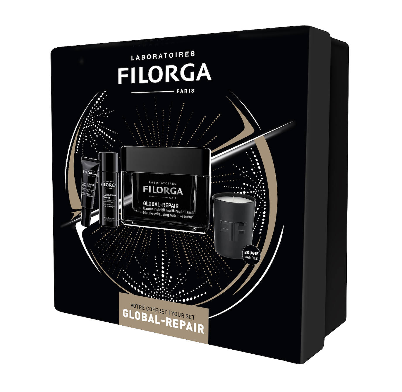 Cofre Antiedad Global de Filorga (99,90 euros). El combo perfecto para tratar las pieles desvitalizadas, gracias a la gama Global-Repair que actúa sobre los principales signos del envejecimiento cutáneo con su exclusiva fórmula concentrada en activos inspirados en prestigiosas técnicas de medicina estética. Contiene Global-Repair Balm (50ml) y de regalo: Global-Repair Essence (50ml),  Global-Repair Eyes & Lips (4ml) y una exclusiva vela.