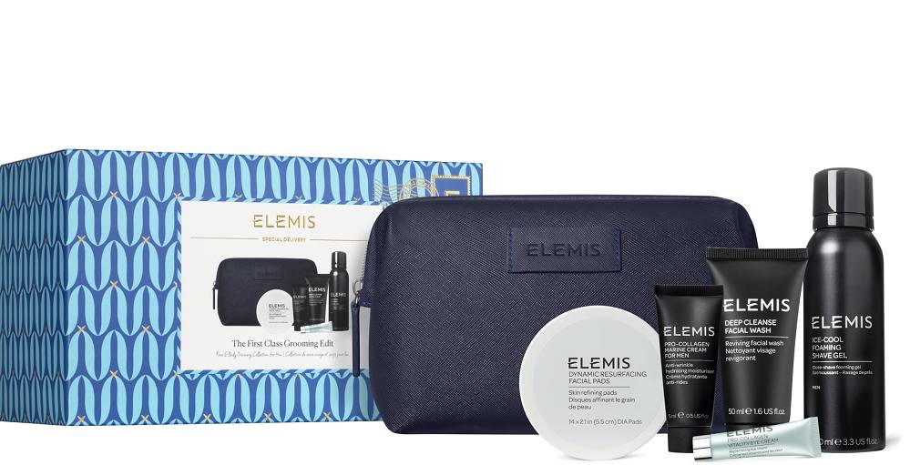 Cofre The First-Class Grooming Edit de Elemis (78 euros). Contiene el limpiador Deep Cleanse Facial Wahs (50 ml), los discos exfoliantes Dynamic Resurfacing Facial Pads (14), la crema Pro-collagen Marine Cream for Men (15 ml), el Gel de afeitado Ice Cool Foaming Shave Gel (100 ml) y el contorno de ojos Pro-Collagen Vitality Eyes (4 ml), además del neceser de regalo. 