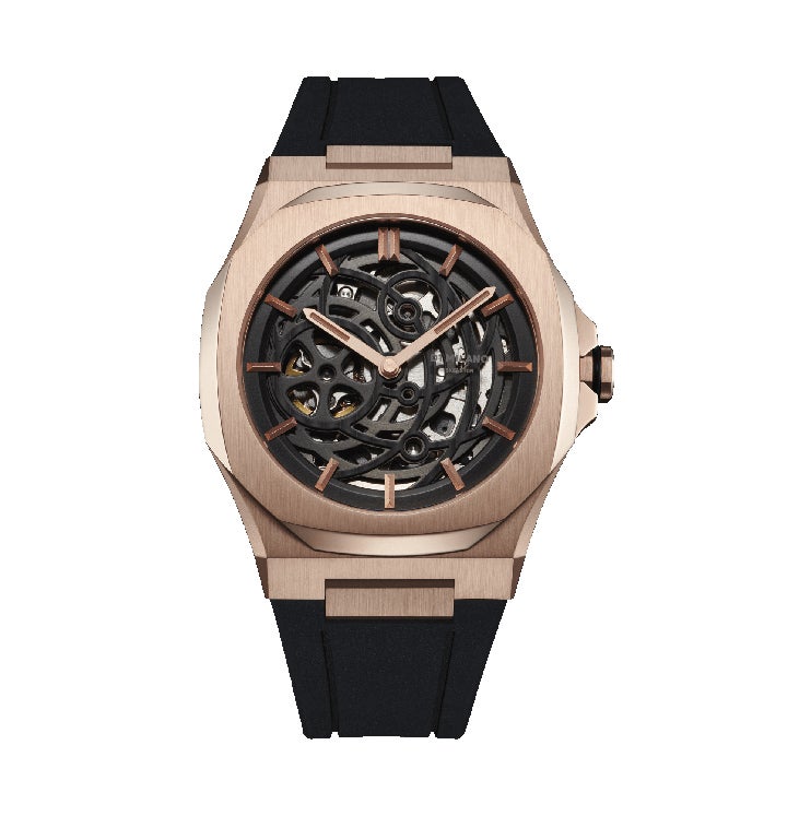 El Skeleton Rose Gold de D1 Milano es una toda una hazaña mecánica, revitalizada para los entusiastas del deporte y el estilo. Presenta una esfera esquelétizada y está impulsado por un movimiento automático de 24 rubíes, acentuado con detalles de acero inoxidable en tono rosado. Precio: 625 euros
