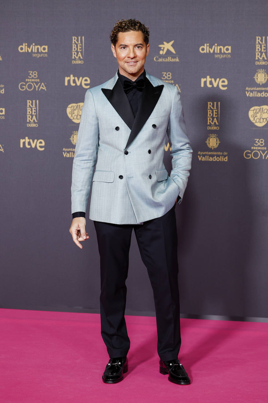 David Bisbal, que cantó en la gala, posó en la alfombra roja con esmoquin a medida de Boglioli, con chaqueta azul clara, y zapatos de Christian Louboutin.