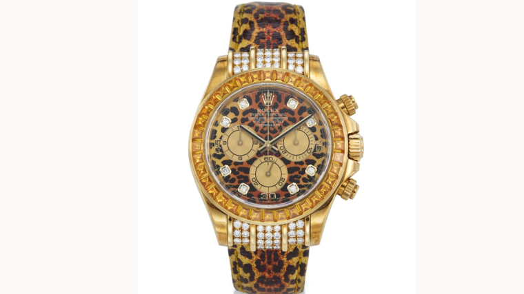 Imagen del Rolex Daytona Chronograph con estampado de leopardo de Elton John