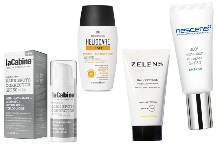 Protectores solares con filtros físicos o mirales: Crema facial fluida Dark Spot SPF 50 de laCabine (22,95 euros); Heliocare 360º Mineral Tolerance Fluid SPF 50 (31,95 euros); Protector solar Daily Defence Mineral Sunscreen SPF 30 de Zelens (50 euros); Crema solar de rostro Nescens complejo protector 360º (195 euros).