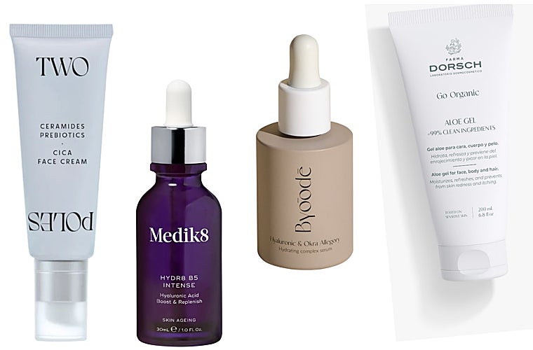 De izquierda a derecha: Crema hidratante y regenerante con acción antiedad Cica de Two Poles (39 euros), con niacinamida, ácido hialurónico, ceramidas, centella asiática y prebióticos; Hydr8 B5 Intense de Medik8 (76 euros), un suero de ácido hialurónico con cuatro pesos moleculares, pantenol, DMAE y niacinamida; Sérum hidratante Hyaluronic & Okra Allegory de Byoode (55 euros), rico en Madecassoside (centella asiática) y en ácido hialurónico de triple peso molecular y extracto de Okra, con efecto cicatrizante, humectante y calmante;Aloe Gel Go Organic de Farma Dorsch (24,60 euros), una crema multitusos facial y corporal, aliada antiedad, con efecto calmante y anti-quemaduras.