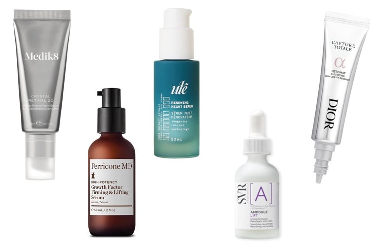 De izquierda a derecha: Crystal Retinal 20 de Medik8, con retinaldehído encapsulado al 0,2% (125 euros); Growth Factor Firming & Lifting Serum de Perricone MD, con retinol encapsulado (147 euros); Renewing Night Serum de Ulé, con retinol encapsulado (82 euros); Ampoule [A] Lift de SVR, con retinol puro 0,3% (41,90 euros); Capture Totale Retishot de Dior, con retinol puro al 0,1% (115 euros).