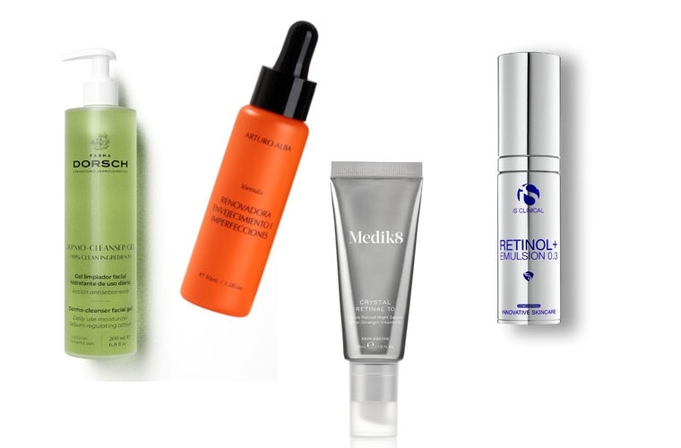 Ejemplo de rutina de noche: Dermo-Cleanser Gel de Farma Dorsch (24 euros); Fórmula Renovadora Envejecimiento e Imperfecciones de Arturo Alba (45 euros); Crystal Retinal 10, de Medik8 (110 euros) y Retinol + Emulsión 0.3 de Is Clinical (132 euros).