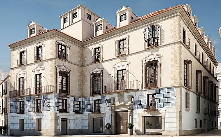 Imagen principal - Exterior del Palacio Solecio y detalle de los trampantojos de la fachada. Escalera original dentro del palacio.