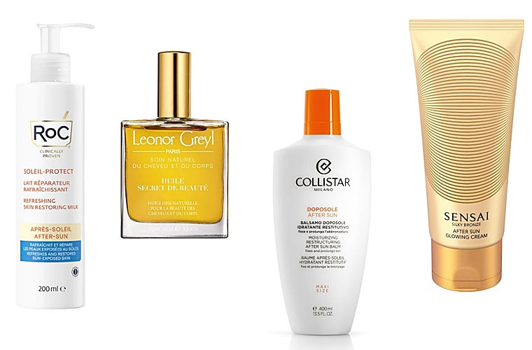 De izquierda a derecha: Soleil Protect After Sun refrescante y restaurador de Roc (19,95 euros); Aceite Huile Secret de Beauté de Leonor Greyl (57 euros); Bálsamo Hidratante Aftersun de Collistar (41 euros); AfterSun Glowing Cream de Sensai (112 euros).