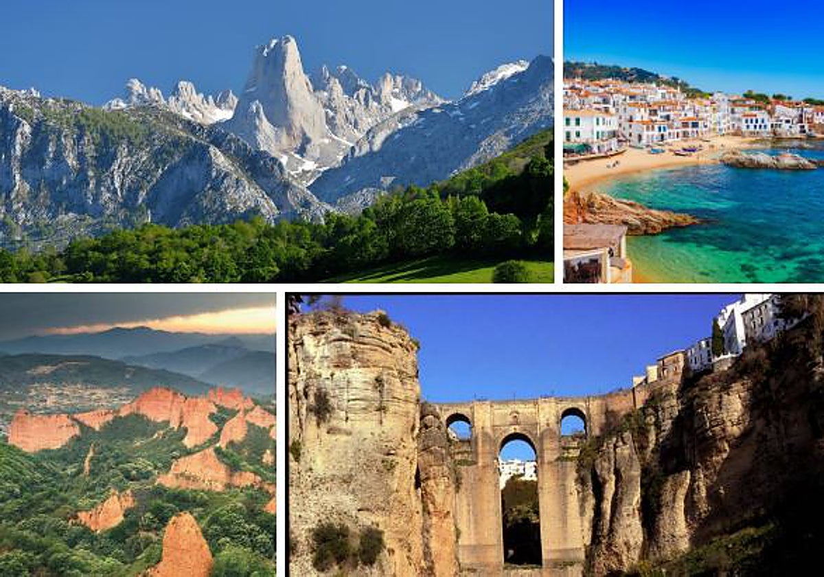 De izquierda a derecha y de arriba a abajo: Picos de Europa, Costa Brava, las Médulas y Ronda