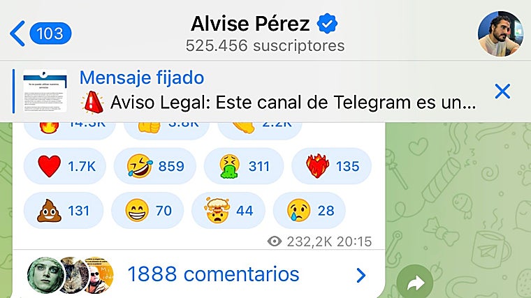 El canal de Alvise cuenta con más de medio millón de seguidores en Telegram