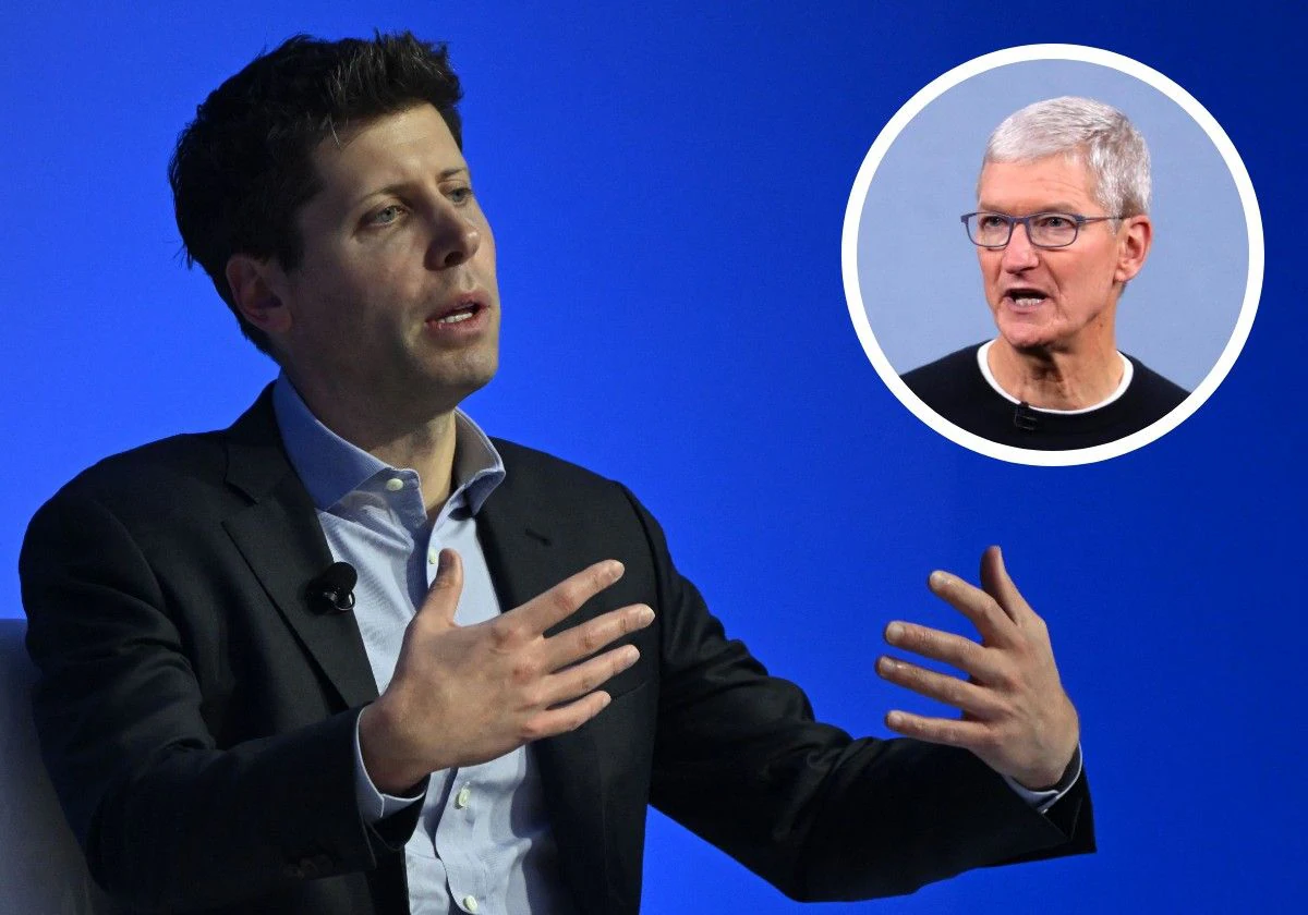 En grande, Sam Altman, CEO de OpenAI. En el detalle, Tim Cook, director ejecutivo de Apple