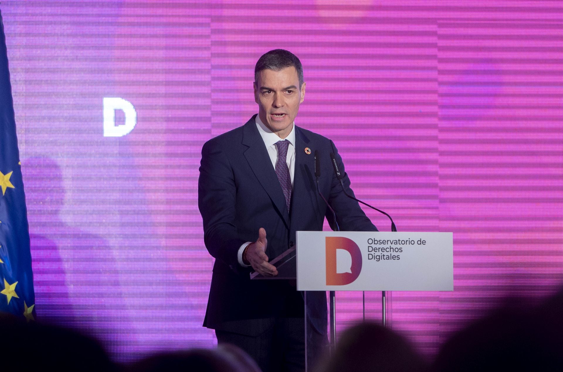 El presidente del Gobierno, Pedro Sánchez, interviene durante la clausura del acto de presentación del Observatorio de Derechos Digitales