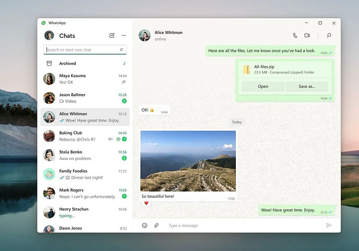 Imagen de la 'app' de WhatsApp desplegada en un ordenador
